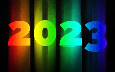 明けましておめでとうございます 2023, 4k, 虹の抽象的な数字, 2023年のコンセプト, クリエイティブ, 2023年明けましておめでとうございます, 虹色の数字, 3dアート, 2023 カラフルな数字, 2023 黒背景, 2023年, 2023 虹の数字