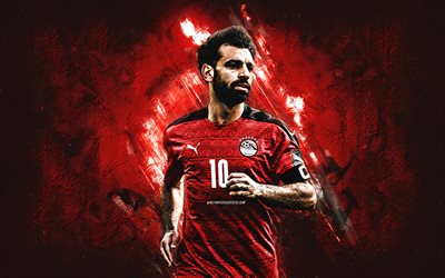 mohamed salah, ritratto, squadra nazionale di calcio dell'egitto, calciatore egiziano, sfondo di pietra rossa, egitto, calcio, arte del grunge