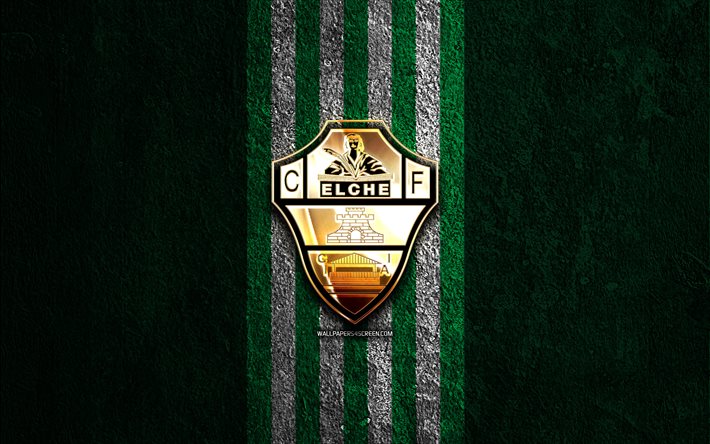 elche cf logotipo dorado, 4k, fondo de piedra verde, la liga, club de fútbol español, logotipo de elche cf, fútbol, ​​emblema de elche cf, laliga, elche cf, ​​elche fc