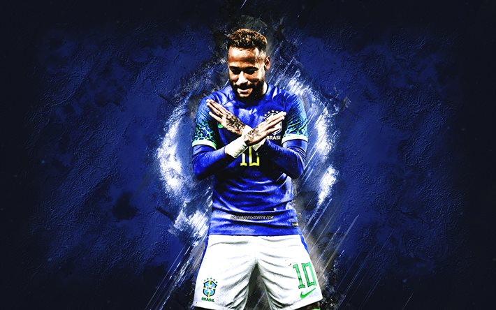 Neymar, Brazil national football team, Brazilian football player, portrait, Brazil, Neymar 2022, football, blue stone background, Neymar da Silva Santos Junior