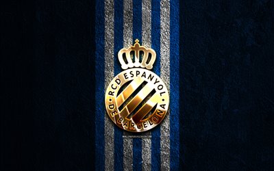 logotipo dorado del rcd espanyol, 4k, fondo de piedra azul, la liga, club de fútbol español, logotipo del rcd espanyol, fútbol, ​​emblema del rcd espanyol, laliga, rcd espanyol, ​​espanyol fc