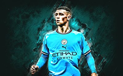 philip foden, manchester city fc, ritratto, calciatore inglese, centrocampista, pietra blu sullo sfondo, premier league, inghilterra, calcio
