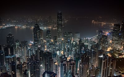 hong kong, panorama, arranha-céus, noite, victoria peak view, international finance centre, central plaza, metrópole, hong kong vista aérea, hong kong paisagem urbana