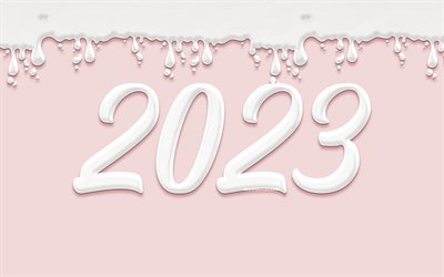 2023 Happy New Year, 4k, creamy 3D digits, 2023 concepts, creative, 2023 3D digits, 2023 white digits, Happy New Year 2023, 2023 pink background, 2023 year