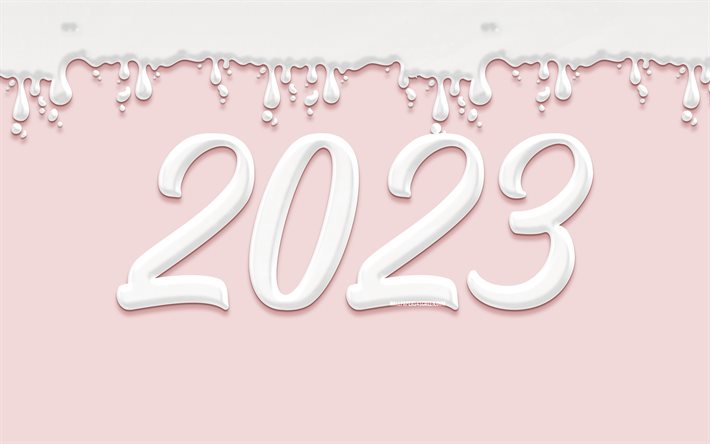 felice anno nuovo 2023, 4k, cifre 3d cremose, 2023 concetti, creatività, 2023 cifre 3d, 2023 cifre bianche, 2023 sfondo rosa, 2023 anno