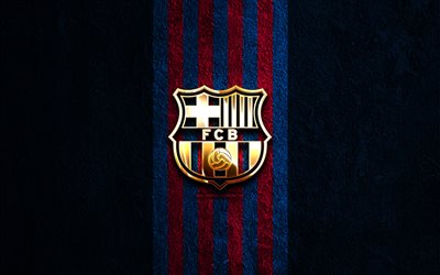 FC Barcelona golden logo, 4k, blue stone background, La Liga, spanish soccer club, FC Barcelona logo, soccer, FC Barcelona emblem, LaLiga, FC Barcelona, FCB, football, Barcelona FC
