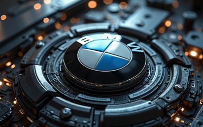 4k, BMW metal logo, artwork, bokeh, blue neon lights, black mechanical backgrounds, cars brands, BMW 3D logo, creative, BMW logo, BMW