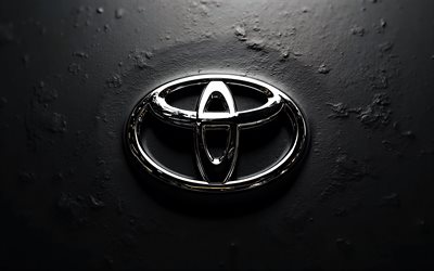 Toyota chrome logo, 4K, black stone background, Toyota metal logo, Toyota emblem, Toyota logo, Japanese cars, Toyota