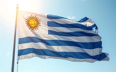 Uruguayan flag, 4k, evening, sunset, Flag of Uruguay, Uruguayan flag against the sky, Uruguayan national symbols, Uruguay, Uruguayan flag on flagpole, Uruguayan flag in the wind