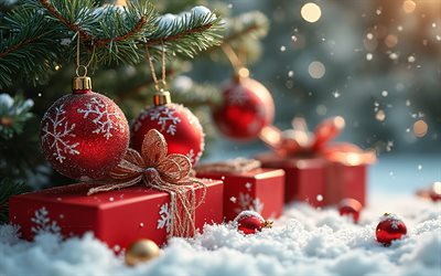 rote weihnachtskugeln, winter, schnee, frohe weihnachten, rote geschenkboxen, weihnachtsdekorationen, hintergrund für weihnachtskarten, weihnachten rote dekorationen