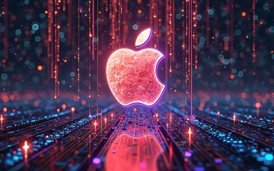 4k, logo abstrait apple, œuvres d'art, bokeh, fond de matrice colorée, marques électroniques, logo coloré aux pommes, créatif, logo apple, marques, pomme