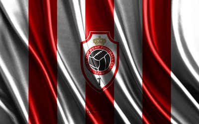 4k, Royal Antwerp logo, Jupiler Pro League, red white silk texture, Royal Antwerp flag, Belgian football club, soccer, silk flag, Royal Antwerp emblem, Belgium, Royal Antwerp badge, Royal Antwerp