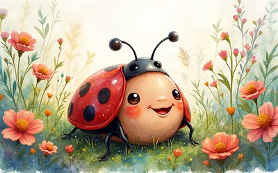 4k, mariquita, naturaleza abstracta, arte de acuarela, animales lindos, arte de pintar, creativo, mariquitas, animales de dibujos animados, linda mariquita, obra de arte, caricatura mariquita