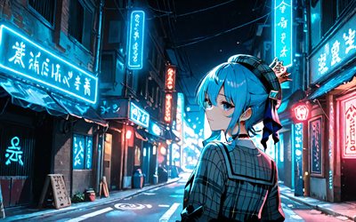 4k, hoshimachi suisei, calle, noche, luces de neón, youtuber virtual, jeroglíficos japoneses, vtuber, obra de arte, ojos azules, manga, channel hoshimachi suisei, hoshimachi suisei youtuber