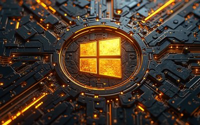 windows 10 golden logo, 4k, bokeh, schwarzer hi tech hintergrund, mikrocircuits, leiter, windows 10, os  marken, windows 10 abstraktes logo, kreativ, marken, kunstwerk, windows 10 logo