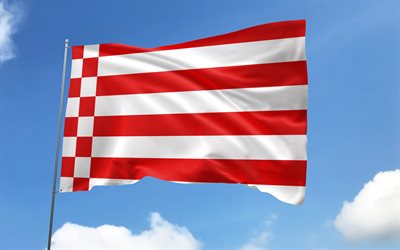 علم بريمن على سارية العلم, 4k, الدول الألمانية, السماء الزرقاء, علم بريمن, أعلام الساتان المتموج, حالات ألمانيا, سارية العلم مع الأعلام, يوم بريمن, ألمانيا, بريمن