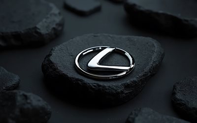 logo lexus chrome, sfondo elegante in pietra nera, lexus emblem, logo lexus, auto giapponesi, lexus
