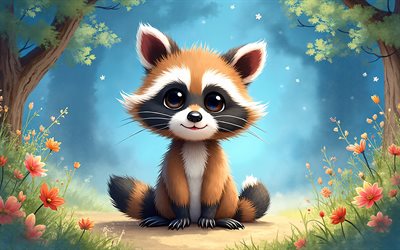 4k, mapache, naturaleza abstracta, arte de acuarela, animales lindos, arte de pintar, creativo, mapaches, animales de dibujos animados, lindo mapache, obra de arte, mapache de dibujos animados