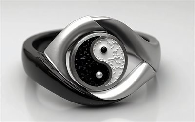 signe yin et yang, 4k, fond blanc, anneau avec le yin et le yang, philosophie, logo yin et yang, yin et yang emblem, concepts yin et yang, yin et yang