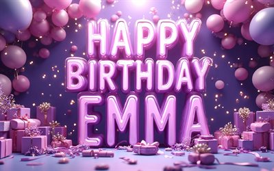 4k, emma alles gute zum geburtstag, lila hintergrund, emma name, lila geschenkboxen, emma geburtstag, 3d  luftballons, beliebte amerikanische weibliche namen, lila luftballons, alles gute zum geburtstag emma, bild mit emma name, emma
