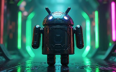 안드로이드 3d 로고, 4k, 녹색 배경, 창조적 인 예술, 안드로이드 3d 로봇, 안드로이드 로고, 안드로이드 로봇, 안드로이드 엠블럼, 녹색 빛, 기계적 인조 인간
