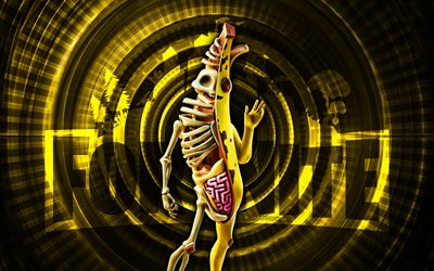 fortnite d'os de peely, 4k, fond en spirale jaune, fortnite, créatif, peau de peel, peau d'os de fortnite peely, osseux, personnages fortnite