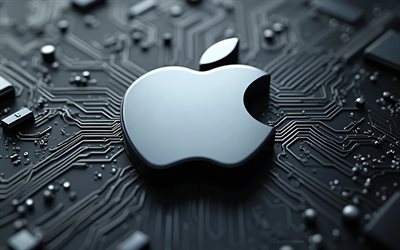 logo apple 3d grey, 4k, logo apple, sfondo della scheda madre grigia, emblema di mela, background tecnologico grigio, mela, logo apple 3d, segno 3d apple