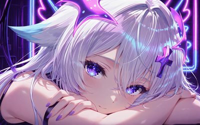 4k, filian, de cerca, youtuber virtual, luces de neón violetas, obra de arte, fondo abstracto violeta, vtuber, chica con ojos violetas, hololive, manga, canal filial, youtuber virtual filial