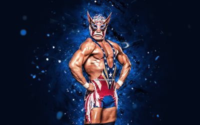 El Grande Americano, 4k, blue neon lights, WWE, creative, american wrestler, Charles Betts, blue abstract background, World Wrestling Entertainment, wrestlers, El Grande Americano 4K