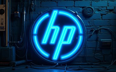 4k, leuchtendes hewlett packard logo, dunkelheit, blaue blendung, blauer brickwall hintergrund, marken, blaues neon logo von hewlett packard, drähte, elektronikmarken, hewlett packard logo, hp logo, hewlett packard, ps