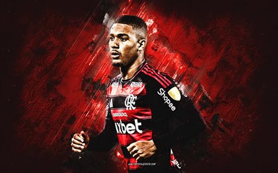 Samuel Lino, Flamengo FC, red stone background, grunge art, Flamengo, Brazil, football, Brazilian footballers, soccer, Flamengo RJ, Samuel Dias Lino, Samuel Lino Flamengo
