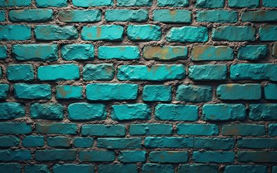 4k, mattoni turchesi, avvicinamento, muro di mattoni turchese, muratura, mattoni, sfondo di muro di mattoni, texture di pietra, muro di mattoni, sfondo di mattoni turchesi
