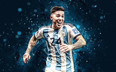 Enzo Fernandez, 4k, blue neon lights, Argentina national football team, CONMEBOL, football, Enzo Fernandez 4K, Argentine footballers, soccer, national teams, Enzo Jeremias Fernandez, Enzo Fernandez Argentina Team