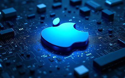 apple blaues logo, 4k, verwischen, blauer technologiehintergrund, apple emblem, apple blaues 3d logo, apfelblaues schild, blaues motherboard, apple zeichen, apple logo, apfel