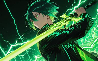 ميكاج, معركة, 4k, السيف الاخضر, يوميكورو, الظلام, عيون خضراء, شخصيات يوميكورو, yume shokunin إلى wasureji no kuroi yousei, مانغا, ميكاجي يوميكورو
