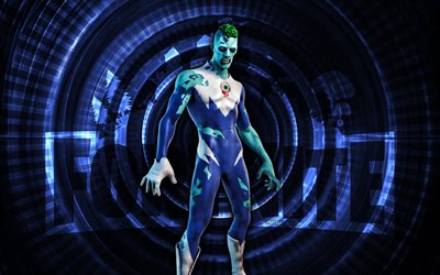 korkunç fortnite, 4k, mavi sarmal arka plan, fortnite, yaratıcı, korkunç cilt, fortnite korkusonik görünümü, korkunç, fortnite karakterleri