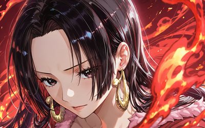 4k, boa hancock, ateş alevleri, tek parça, kapatmak, sanat eseri, portre, korsan imparatoriçe, tek parça karakterler, kuja korsanları, manga, boa hancock tek parça