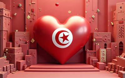amo túnez, 4k, obra de arte, fondo rojo 3d, creativo, día de túnez, bandera de tunez, corazón con bandera tunecina, corazones 3d, bandera tunecina, túnez, arte 3d, amor por túnez