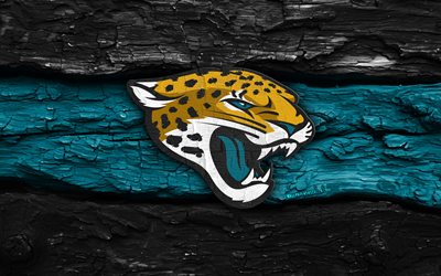 Jacksonville Jaguars wooden logo, 4k, black turquoise wooden background, NFL, american football, Jacksonville Jaguars logo, Jacksonville Jaguars emblem, american football team, Jacksonville Jaguars