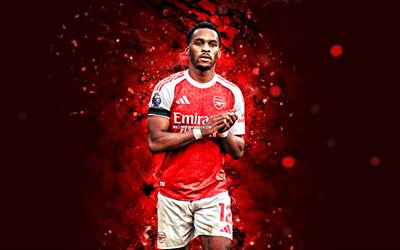 Jurrien Timber, 4k, red neon lights, Arsenal, Premier League, Dutch footballers, Jurrien Timber 4K, football, soccer, Arsenal FC, Jurrien Timber Arsenal