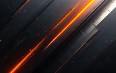 orange black abstract background, 4k, creative, material design, orange neon lights, geometry, abstract backgrounds, geometrical backgrounds, abstractions, black hi-tech backgrounds
