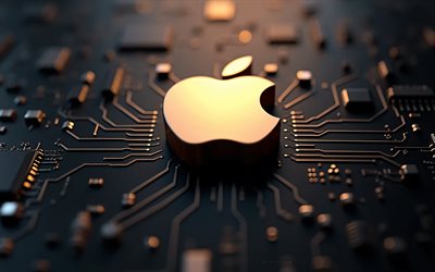 goldenes apple logo, 4k, schwarzer technologiehintergrund, apple logo, apfel, apple emblem, goldenes 3d logo von apple, apfel goldzeichen, schwarzes mainboard, apple zeichen