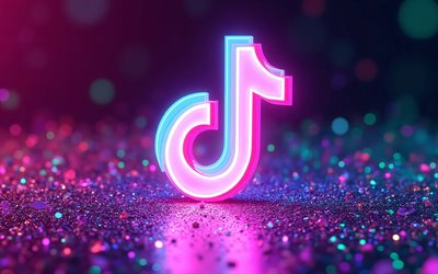 4k, TikTok neon logo, darkness, purple glitter background, social networks, artwork, TikTok logo, bokeh, brands logo, TikTok 3D logo, brands, TikTok
