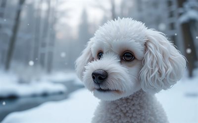 4k, खिलौना पूडल, bokeh, सर्दी, कुत्ते, थूथन, प्यारे जानवर, पालतू जानवर, जंगल में कुत्ता, खिलौना पूडल कुत्ता