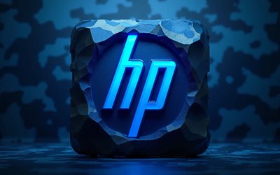 Hewlett-Packard glowing logo, 4k, bokeh, stone 3D background, darkness, HP logo, creative, HP 3D logo, electronics brands, Hewlett-Packard blue neon logo, Hewlett-Packard, brands logo, Hewlett-Packard logo