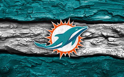 logo en bois des dolphins de miami, 4k, fond en bois blanc turquoise, nfl, football américain, logo des dauphins de miami, emblème des dolphins de miami, équipe de football américain, dauphins de miami