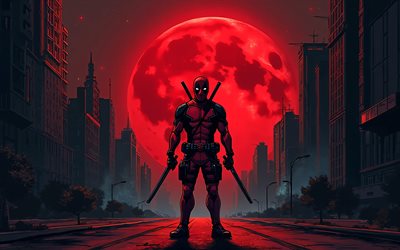 Deadpool, 4k, red moon, superheroes, nightscape, Marvel Comics, vector art, Deadpool Art, fan art, Deadpool 4K