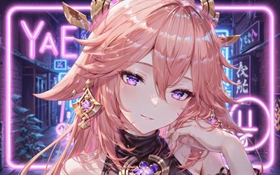 4k, yae miko, marco de neón morado, calle, impacto de genshin, noche, ojos violetas, obra de arte, manga, protagonista, personajes de impacto de genshin, paraguas, guuji, impacto de yae miko genshin