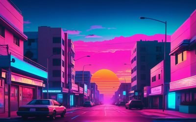 paisaje urbano abstracto, 4k, atardecer, calle, arte de microondas, sintetizador futuro, creativo, microondas, fondos abstractos del paisaje urbano, paisajes urbanos de microondas, paisajes urbanos abstractos