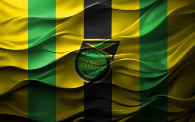 4k, logo de l'équipe nationale de football de la jamaïque, fond 3d jaune vert, emblème de l'équipe nationale de football de la jamaïque, drapeau de l'équipe nationale de football de la jamaïque, textures 3d, équipe nationale de football de la jamaïque, football, jamaïque